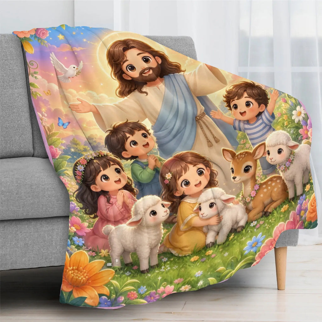 Jesus Cartoon Lamb Blanket - Soft Flannel Throw, Warm Cozy Lightweight Blanket for Sofa, Bed, Travel, Office, Birthday & Holiday Gift