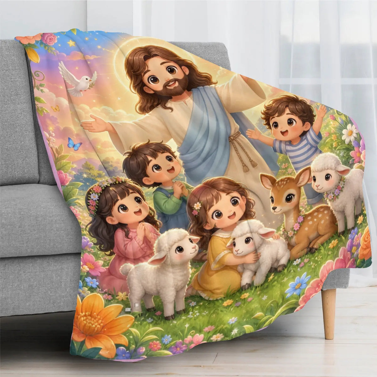 Jesus Cartoon Lamb Blanket - Soft Flannel Throw, Warm Cozy Lightweight Blanket for Sofa, Bed, Travel, Office, Birthday & Holiday Gift