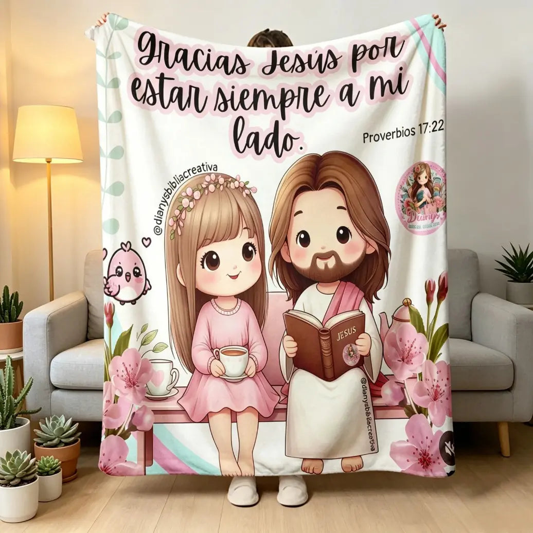 Christian Print Throw Blanket - Fluffy, Soft Cozy Cartoon Printed Jesus & Kids Design, Ultra Plush Lightweight, Floral Scripture, Machine Washable Blanket for Bed, Christmas Easter Gift