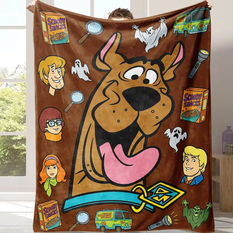 Flash Sale! Scooby-Doo Character-Inspired Flannel Fabric Blanket - Soft Warm Material, Contemporary Cartoon Fun Prints of Mysterious Robots Ghosts Snacks, Home Decor Items, Room Decor, Ideal for Fans