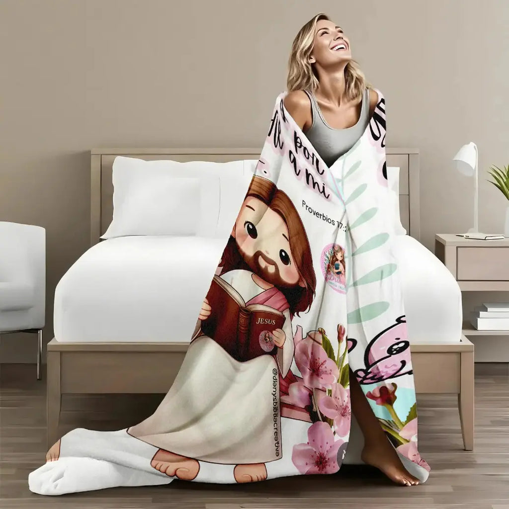 Christian Print Throw Blanket - Fluffy, Soft Cozy Cartoon Printed Jesus & Kids Design, Ultra Plush Lightweight, Floral Scripture, Machine Washable Blanket for Bed, Christmas Easter Gift