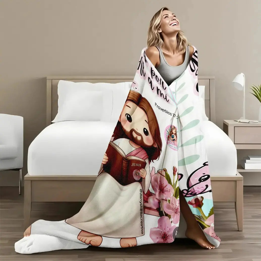 Christian Print Throw Blanket - Fluffy, Soft Cozy Cartoon Printed Jesus & Kids Design, Ultra Plush Lightweight, Floral Scripture, Machine Washable Blanket for Bed, Christmas Easter Gift