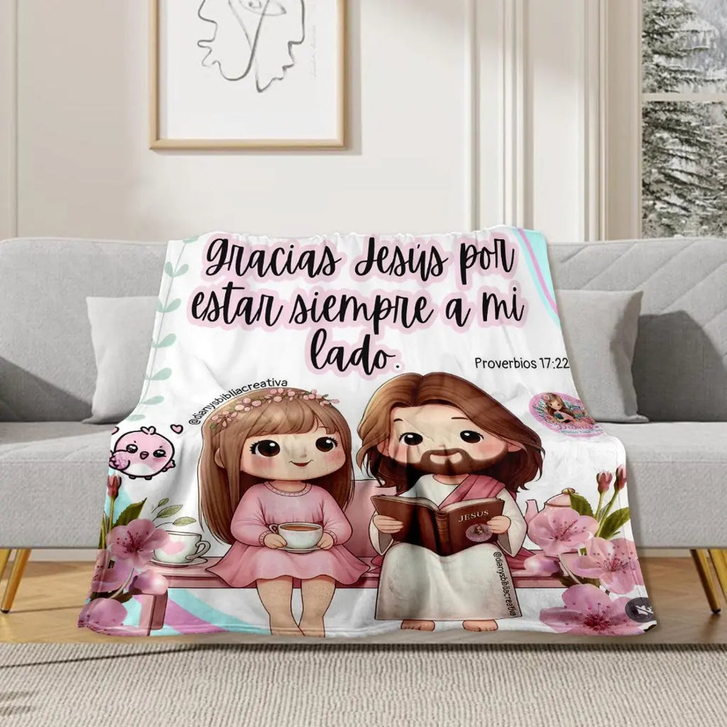 Christian Print Throw Blanket - Fluffy, Soft Cozy Cartoon Printed Jesus & Kids Design, Ultra Plush Lightweight, Floral Scripture, Machine Washable Blanket for Bed, Christmas Easter Gift