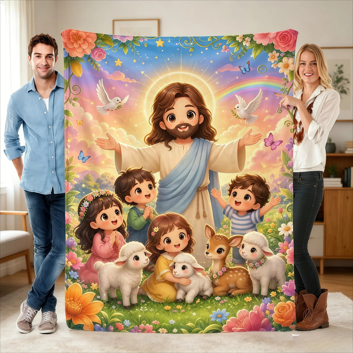 Jesus Cartoon Lamb Blanket - Soft Flannel Throw, Warm Cozy Lightweight Blanket for Sofa, Bed, Travel, Office, Birthday & Holiday Gift