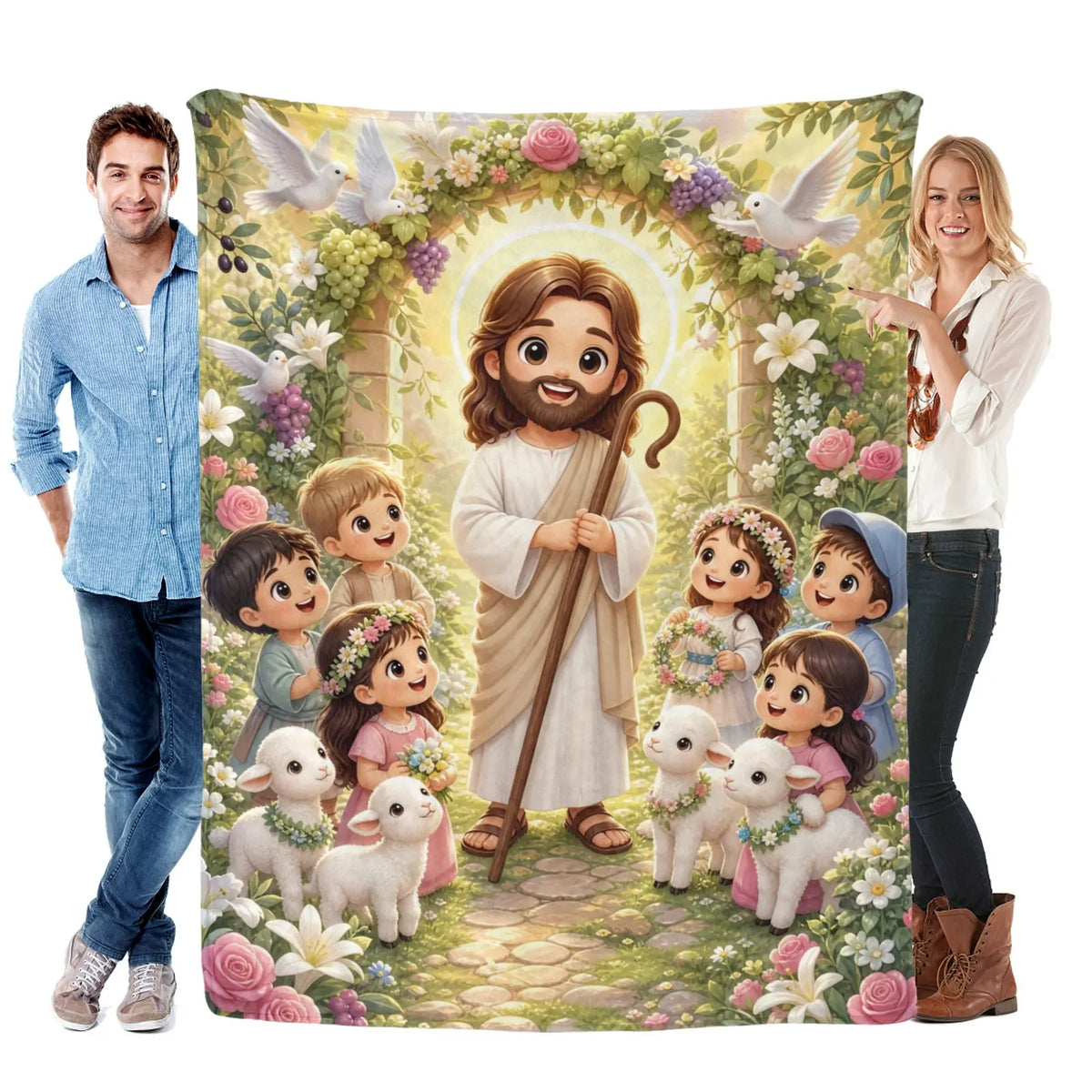 Jesus Cartoon Lamb Blanket - Soft Flannel Throw, Warm Cozy Lightweight Blanket for Sofa, Bed, Travel, Office, Birthday & Holiday Gift