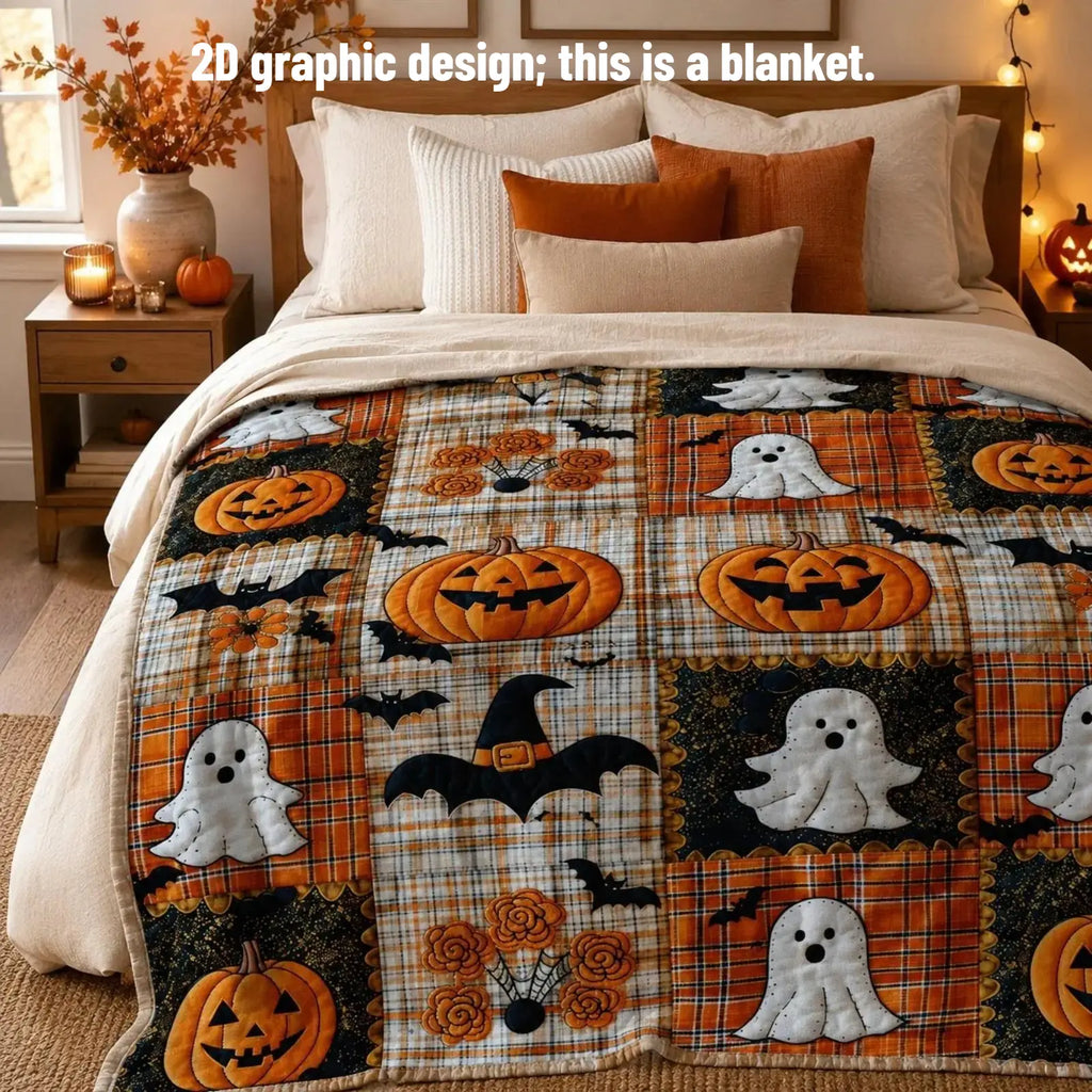 Countdown Sale Halloween Pumpkin Ghost Bat Plaid Patchwork Flannel Blanket Kids And Adults AC Blanket Soft Warm Cozy Throw Blanket Lightweight Sofa Bed Couch Bedroom Living Room Fall Autumn Home Decor Gift Viral Halloween Blanket