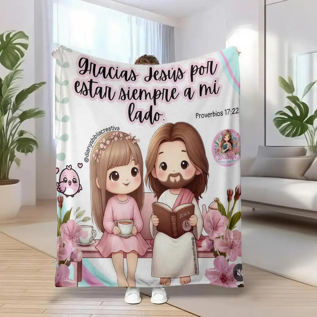 Christian Print Throw Blanket - Fluffy, Soft Cozy Cartoon Printed Jesus & Kids Design, Ultra Plush Lightweight, Floral Scripture, Machine Washable Blanket for Bed, Christmas Easter Gift