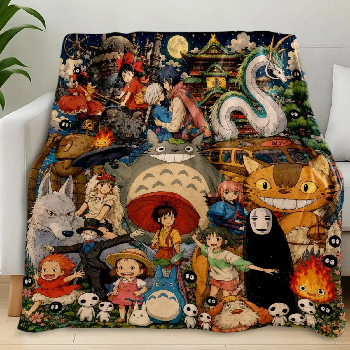 Studio Ghibli Character Blanket - Vintage Watercolour Print, Starry Night Background, Soft Wrinkle-Resistant, Ideal for Miyazaki Fans, Bedroom Items, Cool Room Decor, Home Accessory, House Decor, Unique Room Decor