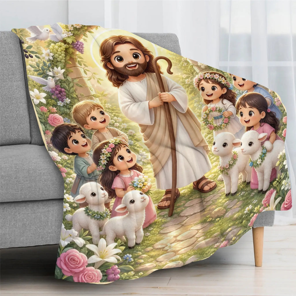 Jesus Cartoon Lamb Blanket - Soft Flannel Throw, Warm Cozy Lightweight Blanket for Sofa, Bed, Travel, Office, Birthday & Holiday Gift