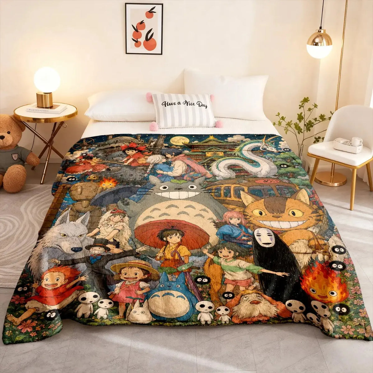 Studio Ghibli Character Blanket - Vintage Watercolour Print, Starry Night Background, Soft Wrinkle-Resistant, Ideal for Miyazaki Fans, Bedroom Items, Cool Room Decor, Home Accessory, House Decor, Unique Room Decor