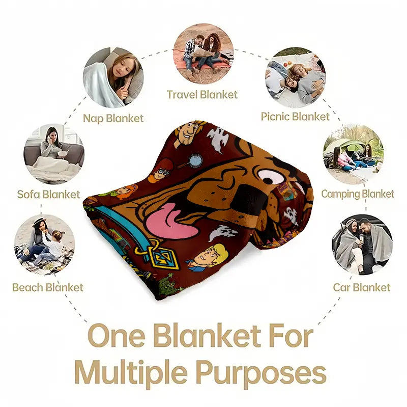 Flash Sale! Scooby-Doo Character-Inspired Flannel Fabric Blanket - Soft Warm Material, Contemporary Cartoon Fun Prints of Mysterious Robots Ghosts Snacks, Home Decor Items, Room Decor, Ideal for Fans
