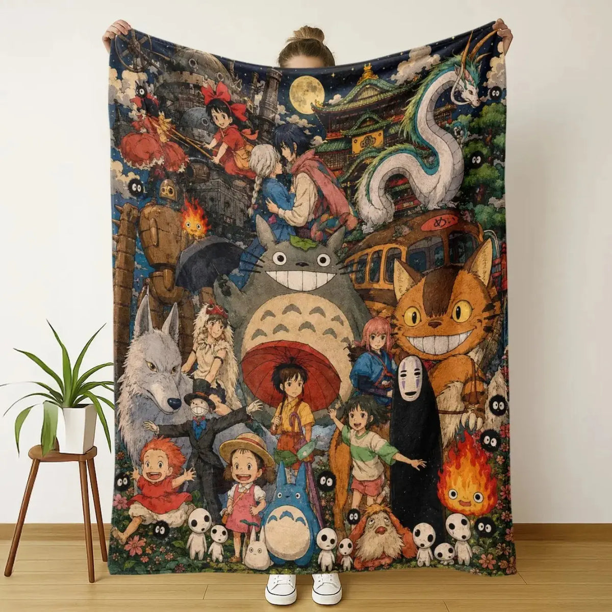 Studio Ghibli Character Blanket - Vintage Watercolour Print, Starry Night Background, Soft Wrinkle-Resistant, Ideal for Miyazaki Fans, Bedroom Items, Cool Room Decor, Home Accessory, House Decor, Unique Room Decor